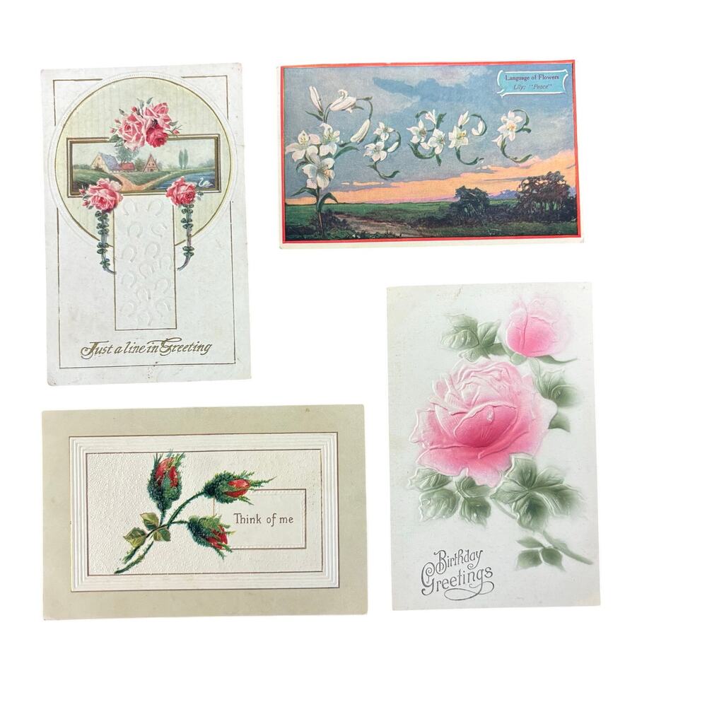 Antique Postcards Flowers Floral Lot of 4 Early 1900s Gilt Embossed Rose
